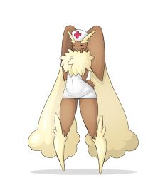 Rule 34 | 1girl, animal ears, closed eyes, covered navel, covering own mouth, creatures (company), cross, dress, female focus, full body, furry, furry female, game freak, gen 4 pokemon, hands on own face, hands up, happy, hat, highres, legs apart, limebreaker, lopunny, minidress, navel, nintendo, no feet, nurse, nurse cap, pokemon, pokemon (creature), pokemon dppt, rabbit ears, rabbit tail, red cross, short dress, simple background, solo, standing, tail, white background, white hat, wide hips