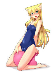 Rule 34 | 1girl, animal ears, barefoot, blonde hair, blue eyes, blush, cameltoe, cat ears, cat tail, cleft of venus, collarbone, covered navel, crotch rub, fang, fat mons, feet, female focus, female masturbation, green eyes, grinding, kickboard, kneeling, knees, legs, long hair, masturbation, nokoppa, one-piece swimsuit, open mouth, original, pussy juice, school swimsuit, sidelocks, simple background, soles, solo, swimsuit, tail, thighs, toes, white background