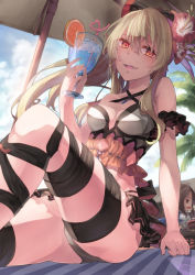 Rule 34 | 10s, 2girls, armor, bad id, bad pixiv id, beach umbrella, black panties, black ribbon, black skirt, blonde hair, blue sky, bow, breasts, brown eyes, brown hair, cape, chibi, cleavage, cloud, cocktail, crazy straw, cup, day, drink, drinking glass, drinking straw, flower, food, frills, fruit, granblue fantasy, hair between eyes, hair bow, hair flower, hair ornament, heart straw, hibiscus, highleg, highleg panties, highres, holding, holding cup, holding drinking glass, ice, ice cube, katalina (granblue fantasy), leg ribbon, long hair, medium breasts, midriff, miniskirt, multiple girls, official alternate costume, open mouth, orange (fruit), orange slice, palm tree, panties, pantyshot, pleated skirt, ponytail, red bow, red eyes, ribbon, ribbon-trimmed clothes, ribbon trim, saraki, sitting, skirt, sky, smile, solo focus, striped, summer, swimsuit, tree, tropical drink, umbrella, underwear, vira (granblue fantasy), vira (summer) (granblue fantasy)