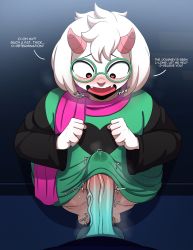 Rule 34 | 2boys, animal ears, ass, blackwhiplash, blush, breasts, bulge, colored skin, deltarune, english text, erection, erection under clothes, furry, furry male, furry with non-furry, glasses, heart, heart-shaped pupils, highres, horns, huge ass, imminent penetration, interspecies, kris (deltarune), large breasts, large penis, looking at viewer, multiple boys, penis, ralsei, shiny skin, short hair, speech bubble, symbol-shaped pupils, veins, veiny penis, yaoi, yellow skin