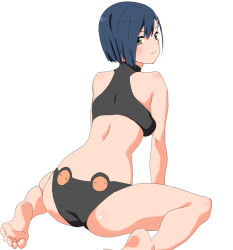 Rule 34 | 10s, 1girl, ass, barefoot, darling in the franxx, feet, green eyes, hair ornament, hairclip, ichigo (darling in the franxx), looking at viewer, looking back, simple background, sitting, soles, solo, sports bra, toes, wariza, white background, zourion