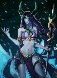 Rule 34 | 1girl, armlet, blue hair, breasts, colored sclera, colored skin, distr, green eyes, green sclera, grey skin, grin, highres, holding, holding staff, horns, jewelry, large breasts, long hair, looking at viewer, navel, necklace, original, pelvic curtain, pointy ears, smile, solo, staff, very long hair