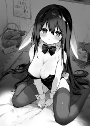 Rule 34 | 1girl, absurdres, animal ears, bare shoulders, basket, blush, bow, bowtie, breasts, cleavage, detached collar, futon, greyscale, highres, hitachi magic wand, kurimochi chizuru, large breasts, leotard, long hair, looking at viewer, monochrome, no shoes, original, playboy bunny, rabbit ears, rabbit girl, rabbit tail, sex toy, sitting, solo, strapless, strapless leotard, sweat, tail, tears, thighhighs, thighs, trembling, very long hair, vibrator, wrist cuffs