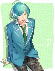 Rule 34 | 10s, 1boy, ahoge, aqua hair, bad id, bad pixiv id, blue hair, ensemble stars!, from above, green background, green necktie, looking at viewer, looking up, male focus, musical note, necktie, pants, plaid, plaid pants, quaver, school uniform, shinkai kanata, smile, solo, striped, striped background, tubuan oisii