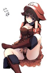 Rule 34 | 1girl, belt, black gloves, black hair, black panties, blue eyes, blunt bangs, blush, boots, breasts, choker, cleavage, corset, cross-laced clothes, cross-laced footwear, crossed legs, frilled skirt, frills, gloves, grin, hat, head rest, highres, jacket, knee boots, large breasts, looking at viewer, miniskirt, momo (higanbana and girl), open clothes, open jacket, panties, pantyshot, pirate, sennen sensou aigis, short hair, signature, simple background, sitting, sketch, skirt, skull and crossbones, sleeves rolled up, smile, solo, underwear, upskirt, velotte (sennen sensou aigis), verotte (sennen sensou aigis), white background