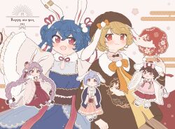 Rule 34 | 2023, 5girls, :3, absurdly long hair, alternate costume, animal ears, blonde hair, blue dress, blue hair, blue jacket, bow, braid, brown footwear, brown hair, brown headwear, cherry blossoms, chibi, chinese zodiac, closed mouth, commentary, cowboy shot, dress, egasumi, english text, floppy ears, frills, fur-trimmed dress, fur trim, hair between eyes, hair bow, hair ornament, hand up, happy new year, highres, inaba tewi, jacket, long hair, long sleeves, looking at viewer, multiple girls, new year, open mouth, orange bow, outline, pink bow, pleated skirt, pom pom (clothes), purple hair, rabbit ears, red eyes, red skirt, reisen (touhou bougetsushou), reisen udongein inaba, ringo (touhou), sakurasaka, seiran (touhou), shoes, skirt, smile, socks, touhou, twin braids, very long hair, white background, white outline, white socks, wide sleeves, year of the rabbit