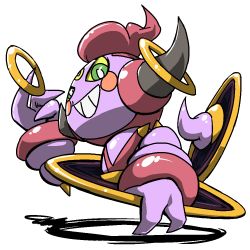 Rule 34 | colored sclera, creatures (company), full body, game freak, gen 6 pokemon, green eyes, grin, hoopa, hoopa (confined), horns, jewelry, legendary pokemon, lowres, mythical pokemon, nintendo, no humans, pokemon, pokemon (creature), ring, simple background, smile, white background, yellow sclera