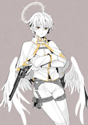 Rule 34 | 1boy, agatsuma zenitsu, alternate costume, angel, belt, capelet, closed mouth, cowboy shot, crossed arms, feathered wings, finger on trigger, frown, gloves, grey background, gun, highres, holding, holding gun, holding weapon, kanekiyo miwa, kimetsu no yaiba, looking at viewer, low wings, male focus, pants, partially colored, pocket, shirt, short hair, simple background, thigh belt, thigh strap, weapon, wings, yellow eyes