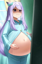 Rule 34 | 1girl, animal ears, aqua bow, big belly, blue pajamas, bow, closed mouth, commentary request, cowboy shot, ear bow, frown, gloom (expression), hand on own stomach, highres, horse ears, horse girl, indoors, long hair, mejiro mcqueen (umamusume), motsushi, navel, pajamas, purple eyes, purple hair, signature, sleepwear, solo, umamusume, watermark
