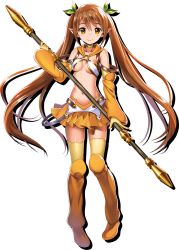 Rule 34 | 1girl, bare shoulders, blush, breasts, brown eyes, brown hair, choker, closed mouth, detached sleeves, elf, full body, hair ribbon, holding, holding weapon, long hair, looking at viewer, nowa (queen&#039;s blade), nowa (queen&#039;s blade unlimited), official art, pointy ears, queen&#039;s blade, queen&#039;s blade white triangle, revealing clothes, ribbon, skirt, small breasts, smile, solo, staff, tachi-e, thighhighs, transparent background, twintails, very long hair, weapon, yellow skirt, yellow thighhighs