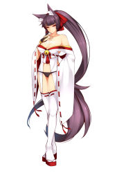 Rule 34 | 1girl, absurdres, animal ears, arm behind back, bare shoulders, black panties, breasts, cleavage, clog sandals, dean (momodean), detached sleeves, finger to face, fox ears, fox tail, full body, highres, japanese clothes, large breasts, long hair, original, panties, purple hair, ribbon-trimmed legwear, ribbon-trimmed sleeves, ribbon trim, sandals, simple background, solo, standing, tabi, tail, thighhighs, underwear, very long hair, white background, white thighhighs, zouri