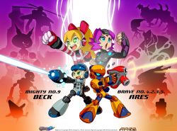 Rule 34 | 3girls, 6+boys, a.r.e.s., aqua eyes, ares (a.r.e.s.), arm cannon, aviator (mighty no. 9), battalion (mighty no. 9), beck (mighty no. 9), blonde hair, bodysuit, call (mighty no. 9), clenched hands, copyright name, copyright notice, crossover, dynatron (mighty no. 9), firing, green eyes, gun, highres, logo, mighty no. 9, multiple boys, multiple girls, open mouth, purple hair, pyrogen (mighty no. 9), smile, sykosan, uniform, valkyl (a.r.e.s.), weapon, zytron (a.r.e.s.)