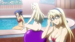 Rule 34 | 3girls, ass, ball, bikini, blonde hair, blue hair, breasts, cleavage, cleavage cutout, clothed female nude female, clothing cutout, completely nude, elizabeth mably, freezing (series), glasses, hairband, long hair, multiple girls, navel, nude, pool, rana linchen, satellizer el bridget, swimsuit, twintails