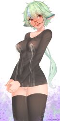 Rule 34 | 1girl, absurdres, animal ears, artist name, black shirt, black thighhighs, blush, breast milking, breasts, cleft of venus, genshin impact, glasses, green hair, highres, lactation, lactation through clothes, long hair, looking at viewer, medium breasts, multicolored hair, no bra, no panties, open mouth, orgasm, pinkius, ponytail, projectile lactation, pussy, pussy juice, saliva, saliva trail, shirt, solo, streaked hair, sucrose (genshin impact), thighhighs, thighs, very long hair, yellow eyes