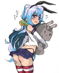 Rule 34 | 1boy, :3, ahoge, ass, blue eyes, blue hair, blue skirt, bow, commentary request, cosplay, cowboy shot, crop top, crossover, dot nose, elbow gloves, flying sweatdrops, from behind, fukurou (owl222), gloves, hacka doll, hacka doll 3, hair bow, highres, kantai collection, long hair, miniskirt, open mouth, panties, pantyshot, pleated skirt, rensouhou-chan, school uniform, serafuku, shimakaze (kancolle), shimakaze (kancolle) (cosplay), shirt, simple background, skirt, standing, striped clothes, striped legwear, striped thighhighs, thighhighs, thong, translation request, trap, underwear, very long hair, white background, white gloves, white shirt