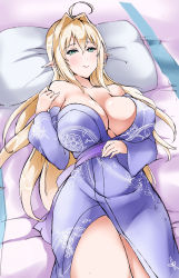Rule 34 | 1girl, ahoge, bare shoulders, bed, blonde hair, bolobolo, breasts, elf, female focus, green eyes, highres, indoors, japanese clothes, kimono, large breasts, long hair, looking at viewer, lying, mole, no bra, on back, original, pointy ears, smile, solo, thighs, yukata