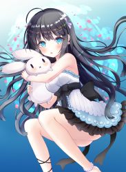 Rule 34 | 1girl, :o, :x, absurdres, ahoge, bare shoulders, black bow, black hair, black skirt, blue eyes, blush, bow, bracelet, breasts, center frills, commentary request, dress, earrings, fingernails, flower earrings, frills, hair between eyes, hair bow, highres, jewelry, kiyui (honey citron), long hair, looking at viewer, medium breasts, hugging object, original, parted lips, pearl anklet, pearl bracelet, petals, pleated skirt, purple bow, skirt, solid oval eyes, solo, strapless, strapless dress, stuffed animal, stuffed rabbit, stuffed toy, very long hair, white dress