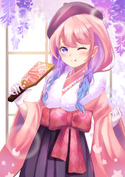 Rule 34 | 1girl, :p, ahoge, alternate costume, beret, blush, braid, flower, gloves, hagoita, hair flower, hair ornament, hat, heterochromia, highres, himemori luna, himemori luna (new year), hololive, japanese clothes, kimono, long hair, long sleeves, looking at viewer, one eye closed, paddle, pink hair, plant, smile, tongue, tongue out, twin braids, virtual youtuber, window