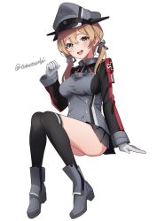 Rule 34 | 1girl, anchor hair ornament, black thighhighs, blonde hair, cross, gloves, green eyes, grey footwear, grey skirt, hair ornament, hat, highres, invisible chair, iron cross, kantai collection, long hair, low twintails, microskirt, military hat, military uniform, peaked cap, pleated skirt, prinz eugen (kancolle), simple background, sitting, skirt, solo, thighhighs, toketa-sekai, twintails, twitter username, uniform, white background, white gloves