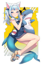 Rule 34 | 1girl, animal ears, bag, bare legs, blue eyes, blue hair, blue nails, blunt bangs, blush, cat ears, commentary, doll, fake animal ears, fins, fish tail, full body, gawr gura, gawr gura (casual), hair ornament, hairband, highres, holding, holding doll, hololive, hololive english, kemonomimi mode, looking at viewer, multicolored hair, nail polish, official alternate costume, overalls, robot cat (robotcatart), sandals, shark tail, shirt, shoulder bag, smile, solo, streaked hair, stuffed animal, stuffed shark, stuffed toy, tail, toenail polish, toenails, virtual youtuber, white hair, white shirt