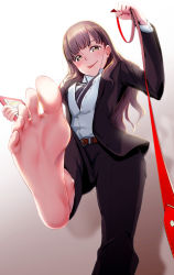 Rule 34 | 1girl, asahina yuzuki, barefoot, belt, blunt bangs, brown eyes, brown hair, business suit, dress shirt, femdom, foot focus, foreshortening, formal, highres, i-chu, jacket, leash, long hair, looking at viewer, o-hako, open clothes, open jacket, pant suit, pants, pov, shirt, soles, solo, suit, suit jacket, toes