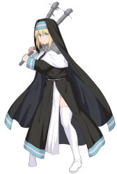 Rule 34 | 1girl, blonde hair, blue eyes, blush, boots, breasts, en&#039;en no shouboutai, frown, full body, gloves, habit, holding, holding weapon, iris (enen no shouboutai), large breasts, long sleeves, looking at viewer, nun, shiseki hirame, short hair, solo, standing, thigh boots, thighhighs, weapon, white footwear, white gloves, white thighhighs