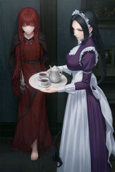 Rule 34 | 2girls, ascot, barefoot, black hair, breasts, character request, cup, dress, fata morgana no yakata, highres, holding, holding tray, indoors, long dress, long hair, long sleeves, maid, maid headdress, medium breasts, miura-n315, multiple girls, purple dress, red dress, red hair, skeletal arm, teacup, teapot, tray, underbust