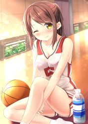 Rule 34 | 1girl, ;), ball, basketball, basketball (object), basketball uniform, between legs, blush, bottle, bra, breasts, brown hair, cleavage, collarbone, commentary request, gym, hand between legs, highres, indoors, jersey, karutamo, looking at viewer, medium breasts, moe2017, one eye closed, original, own hands together, parted lips, pink bra, ponytail, see-through, shirt, shorts, sidelocks, sitting, smile, socks, solo, sportswear, swept bangs, thighs, underwear, v arms, water bottle, wet, wet clothes, wet shirt, white socks, wooden floor, yellow eyes