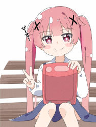 Rule 34 | 1girl, backpack, bag, blue dress, blush stickers, closed mouth, commentary request, dress, feet out of frame, hair ornament, hands up, highres, kapuru 0410, long hair, long sleeves, looking at viewer, on bench, pink hair, randoseru, red eyes, school uniform, shirt, simple background, sitting, smile, solo, tanemura koyori, translated, twintails, very long hair, watashi ni tenshi ga maiorita!, white background, white shirt, x hair ornament