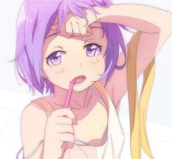 Rule 34 | 00s, 1girl, bad id, bad pixiv id, bare shoulders, brushing teeth, hand on forehead, hayyan, hiiragi tsukasa, holding, looking at viewer, lucky star, open mouth, purple eyes, purple hair, short hair, solo, teeth, toothbrush, white background