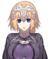 Rule 34 | 1girl, :o, absurdres, blonde hair, blue eyes, bow, braid, breasts, cape, chain, fate/grand order, fate (series), hair between eyes, hair bow, heart, highres, jeanne d&#039;arc (fate), large breasts, long hair, looking at viewer, none (kameko227), open mouth, solo, upper body, white background