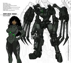 Rule 34 | 1girl, absurdres, apoloniodraws, bionicle, black bodysuit, black eyes, black hair, black lips, bodysuit, breasts, character name, commentary, commission, earrings, english commentary, glowing, glowing eyes, green eyes, hands on own hips, highres, jewelry, large breasts, long hair, looking down, mecha, mechanization, nose piercing, onua (bionicle), piercing, robot, smile, the lego group