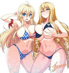 Rule 34 | 2girls, :o, ahoge, american flag bikini, american flag print, aqua eyes, bikini, blonde hair, blue eyes, breast hold, breasts, charlotte (last origin), cleavage, collarbone, commentary, commission, contrapposto, cowboy shot, curly hair, dot nose, drill hair, english commentary, flag print, forehead, grabbing, grabbing another&#039;s breast, hair between eyes, hand on another&#039;s hip, hand up, harpyia (last origin), highres, huge breasts, last origin, legs apart, long hair, looking at viewer, multiple girls, navel, o-ring, open mouth, pixiv commission, print bikini, rantia, reflection, reflective water, signature, simple background, swimsuit, teeth, thighs, upper teeth only, w, white background