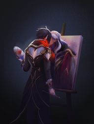 Rule 34 | 2boys, alternate costume, andi doodle stash, black hair, black shirt, collared shirt, facing another, gradient background, grey hair, heart, highres, holding, holding paintbrush, holding palette, implied kiss, jacket, league of legends, long hair, long sleeves, multiple boys, paintbrush, palette (object), pointy ears, portrait (object), red jacket, shirt, short hair, standing, swain (league of legends), vladimir (league of legends), yaoi