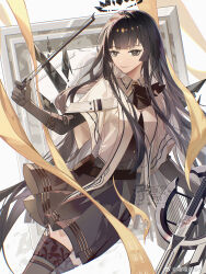 Rule 34 | 1girl, arknights, artist name, ascot, belt, belt pouch, black ascot, black belt, black bustier, black garter straps, black gloves, black hair, black halo, black pouch, black skirt, black thighhighs, black wings, blunt bangs, bow (music), breasts, bright pupils, broken halo, bustier, buttons, cello, chromatic aberration, closed mouth, collared jacket, commentary, cowboy shot, dark halo, detached wings, dress shirt, energy wings, eyelashes, film grain, floating, floating clothes, floating hair, gagachaldea, garter straps, gloves, grey eyes, grey hair, grey shirt, halo, hand up, highres, hime cut, holding, holding bow (music), instrument, jacket, layered sleeves, light smile, lips, lipstick, long hair, long sleeves, looking at viewer, makeup, miniskirt, mirror, mole, mole under eye, pale skin, pleated skirt, pouch, red lips, reflection, ribbon, shadow, shirt, short over long sleeves, short-sleeved jacket, short sleeves, sidelocks, skirt, small breasts, solo, strap, thighhighs, torn ribbon, very long hair, violin, virtuosa (arknights), watermark, weibo logo, weibo watermark, white background, white jacket, white pupils, wide sleeves, wing collar, wings, yellow ribbon, zettai ryouiki