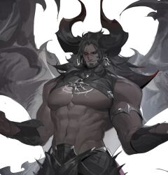 Rule 34 | 1boy, abs, ashthepenguin, bara, bare pectorals, beard, black skin, colored skin, demon boy, facial hair, full beard, highres, large horns, looking at viewer, male focus, mature male, mismatched sclera, monster boy, muscular, muscular male, navel, nipples, no nipples, original, outstretched arms, pectorals, seductive smile, shrug (clothing), smile, solo, spread arms, spread legs, stomach, thick eyebrows, wide spread legs