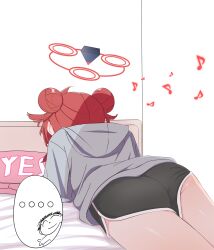 Rule 34 | ..., 1girl, absurdres, ahoge, doodle sensei (blue archive), ass, black shorts, blue archive, commentary, dolphin shorts, double bun, english commentary, from behind, grey hoodie, hair bun, halo, highres, hood, hoodie, lying, maki (blue archive), musical note, on bed, on stomach, red hair, sensei (blue archive), short hair, short shorts, shorts, solo focus, speech bubble, spoken character, spoken ellipsis, thighs, yes-no pillow, zombt