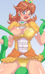 Rule 34 | 1girl, angry, assisted exposure, blue background, blue eyes, blush, breasts, brown hair, constricted pupils, crown, dress, earrings, fang, highres, jewelry, kihaiu, large breasts, long hair, mario (series), nintendo, nipples, nose blush, open mouth, panties, princess daisy, puffy short sleeves, puffy sleeves, short sleeves, solo, tentacles, thighs, tongue, torn clothes, underwear, wardrobe malfunction, yellow dress, yellow panties
