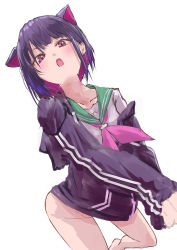 Rule 34 | 1girl, absurdres, animal ears, black hair, blue archive, colored inner hair, commentary request, green sailor collar, highres, hood, hooded jacket, jacket, kazusa (blue archive), medium hair, moruhinesan, multicolored hair, neckerchief, no pants, open mouth, pink hair, pink neckerchief, purple eyes, sailor collar, school uniform, serafuku, white background