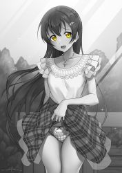 Rule 34 | 1girl, artist name, blush, clothes lift, collarbone, cowboy shot, day, frills, glint, grey theme, greyscale, hair ornament, hairclip, highres, jewelry, lifting own clothes, light rays, long hair, looking at viewer, love live!, medium skirt, monochrome, necklace, open mouth, outdoors, panties, plaid, plaid panties, plaid skirt, shirt, signature, skirt, skirt lift, sleeveless, sleeveless shirt, solo, sonoda umi, spot color, sunbeam, sunlight, underwear, unsfrau, very long hair, yellow eyes