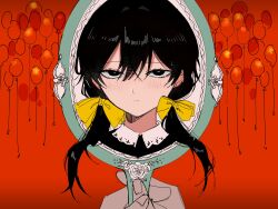 Rule 34 | 1girl, apricot (vocaloid), balloon, black eyes, black hair, black shirt, blush, bow, closed mouth, hair bow, hair over shoulder, half-closed eyes, hand mirror, highres, holding, holding mirror, long hair, looking at viewer, low twintails, mirror, multiple hair bows, pov, pov hands, red background, s5ju, shirt, simple background, through medium, through mirror, twintails, two-handed, vocaloid, yellow bow