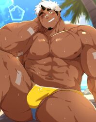 Rule 34 | 1boy, abs, akiha gongen (housamo), bandaid, bandaid on face, bandaid on nose, bara, beach, blush, bulge, dark-skinned male, dark skin, elbow rest, facial hair, feet out of frame, goatee, highres, horns, large pectorals, leoandaslan (leobongnana), long sideburns, looking at viewer, male focus, male swimwear, multicolored hair, muscular, muscular male, navel, palm tree, pectorals, scar, scar on arm, short hair, sideburns, single horn, solo, spread legs, stomach, sweat, swim briefs, testicle peek, thick eyebrows, thick thighs, thighs, tokyo houkago summoners, topless male, tree, two-tone hair, white hair, yellow male swimwear