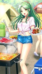 Rule 34 | 2girls, :d, bare legs, blue shorts, breasts, cleavage, collarbone, day, denim, denim shorts, doukyuusei, doukyuusei another world, drill hair, floating hair, game cg, green hair, holding, holding plate, long hair, medium breasts, midriff, multiple girls, navel, open mouth, outdoors, plate, sakuma chiharu, shirt, short shorts, short sleeves, shorts, smile, solo focus, stomach, t-shirt, tent, tied shirt, white shirt, yellow eyes