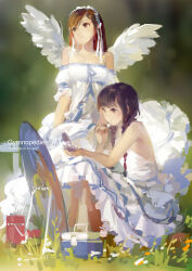 Rule 34 | 2girls, angel wings, bare arms, bare shoulders, blue ribbon, blurry, blurry background, braid, breasts, brown eyes, brown hair, cleavage, closed mouth, collarbone, commentary request, compact (cosmetics), cooler, dress, english text, eyelashes, feathered wings, frilled dress, frilled hairband, frills, full body, grass, hair over shoulder, hair ribbon, hairband, hjl, holding, light smile, long dress, long hair, looking ahead, medium breasts, mirror, multiple girls, off-shoulder dress, off shoulder, original, outdoors, puffy short sleeves, puffy sleeves, ribbon, short sleeves, squatting, straight hair, twin braids, white dress, white hairband, white ribbon, white wings, wings