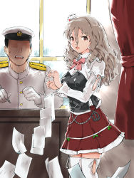 Rule 34 | 1boy, 1girl, admiral (kancolle), bow, bowtie, brown eyes, commentary request, corset, desk, faceless, faceless male, grey hair, hat, highres, igarashi mangou, kantai collection, mini hat, miniskirt, nib pen (object), paper, pen, pola (kancolle), red skirt, shirt, skirt, thick eyebrows, thighhighs, tilted headwear, wavy hair, white shirt, white thighhighs, window
