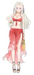 Rule 34 | 1girl, bag, bikini, blonde hair, breasts, cleavage, edelgard von hresvelg, fire emblem, fire emblem: three houses, full body, gold necklace, hair ornament, hair ribbon, hand on own hip, handbag, highres, jewelry, long hair, looking at viewer, medium breasts, navel, necklace, neee-t, nintendo, purple eyes, ribbon, simple background, skirt, smile, solo, standing, swimsuit, white background