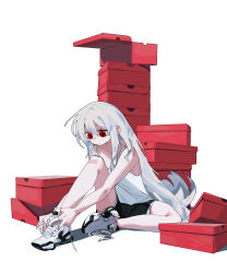 Rule 34 | 1girl, absurdres, arknights, bare arms, black shorts, closed mouth, dolphin shorts, highres, long hair, red eyes, shoe box, shoelaces, shoes, shorts, sidelocks, simple background, sitting, skadi (arknights), sneakers, solo, tank top, very long hair, white background, white footwear, white hair, white tank top, xity