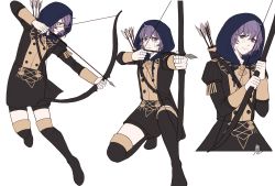 Rule 34 | 1girl, arrow (projectile), bad id, bad twitter id, bandages, bernadetta von varley, bike shorts, black legwear, boots, bow (weapon), closed mouth, fire emblem, fire emblem: three houses, from side, garreg mach monastery uniform, grey eyes, highres, holding, holding arrow, holding bow (weapon), holding weapon, hood, hood up, knee boots, long sleeves, multiple views, muntjac art, nintendo, parted lips, purple hair, quiver, short hair, simple background, uniform, weapon, white background
