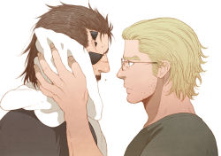 Rule 34 | 2boys, alternate costume, black shirt, blonde hair, brown hair, casual, eye contact, eyepatch, facial hair, from side, green shirt, horns, katou setsuko, kazuhira miller, looking at another, male focus, metal gear (series), metal gear solid v: the phantom pain, multiple boys, scar, scar on face, scar on nose, shirt, short hair, simple background, single horn, stubble, sunglasses, towel, venom snake, white background, wiping face, yaoi