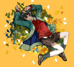 Rule 34 | 1boy, arms up, black hair, black socks, brown footwear, brown shorts, collared shirt, commentary, english commentary, floral print, full body, ginkgo leaf, green eyes, green jacket, hair between eyes, jacket, kyouichi, leaf, leaf on head, leaf pile, long sleeves, looking at viewer, lying, male focus, on back, open clothes, open jacket, original, plaid, plaid shorts, red sweater, shirt, short hair, shorts, sidelocks, socks, solo, sweater, undershirt, white shirt, yellow background